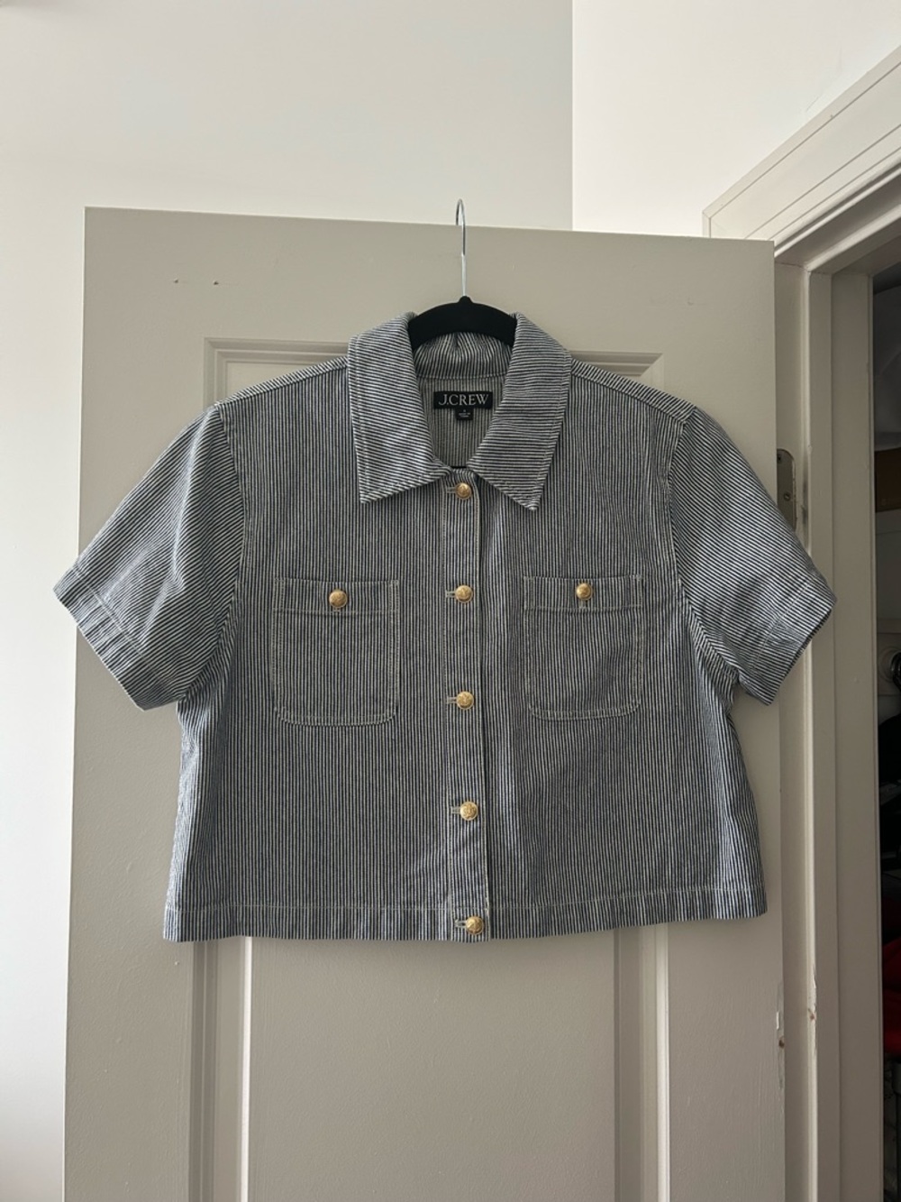 J. Crew Blue and White Striped Denim Short-Sleeve Top, US6